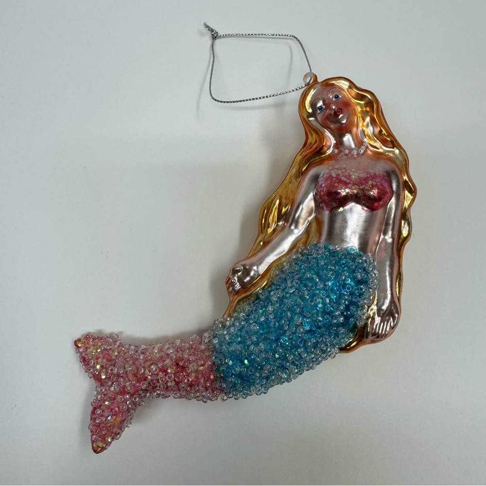 Vintage Mermaid Christmas Ornament Blown Glass Glitter Beads Accents